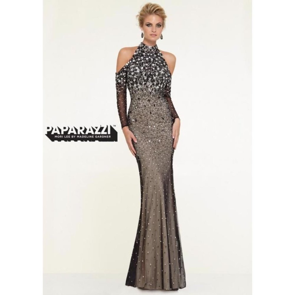 paparazzi Black and Taupe Beaded Cold-Shoulder Maxi Dress